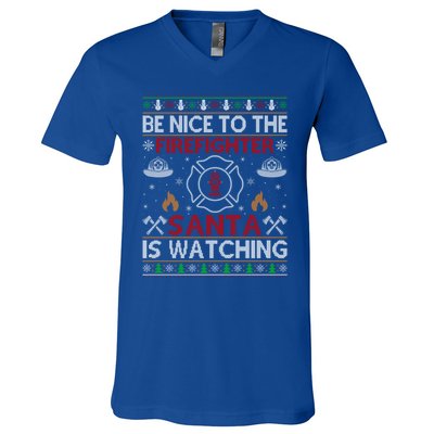 Be Nice To The Firefighter Santa Is Watching Ugly Christmas Gift V-Neck T-Shirt