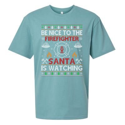 Be Nice To The Firefighter Santa Is Watching Ugly Christmas Gift Sueded Cloud Jersey T-Shirt