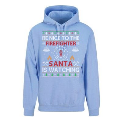 Be Nice To The Firefighter Santa Is Watching Ugly Christmas Gift Unisex Surf Hoodie