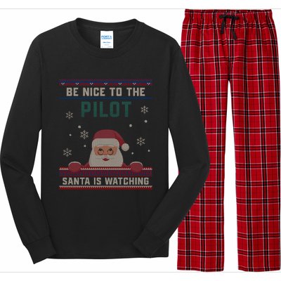 Be Nice To The Pilot Santa Is Watching Christmas Funny Gift Long Sleeve Pajama Set