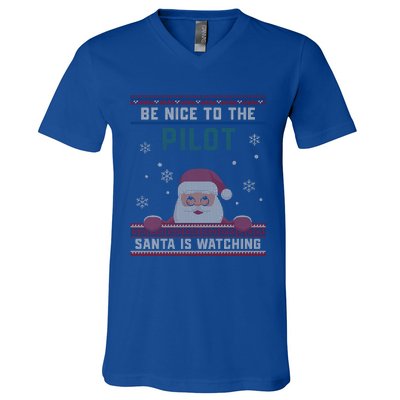 Be Nice To The Pilot Santa Is Watching Christmas Funny Gift V-Neck T-Shirt