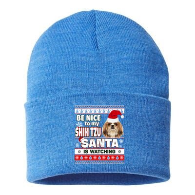 Be Nice To Me I Know Santa Shih Tzu Dog Christmas Great Gift Sustainable Knit Beanie