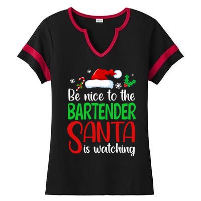 Be Nice To The Bartender Santa Is Watching Xmas Gift Ladies Halftime Notch Neck Tee