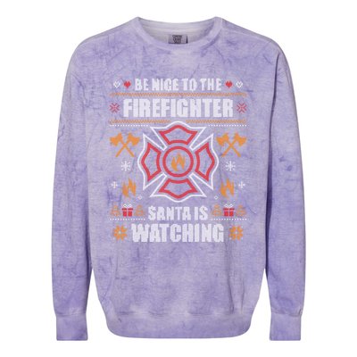 Be Nice To The Firefighter Ugly Christmas Fireman Colorblast Crewneck Sweatshirt