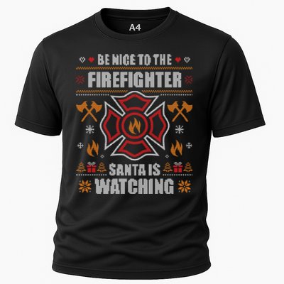 Be Nice To The Firefighter Ugly Christmas Fireman Cooling Performance Crew T-Shirt