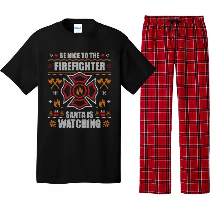 Be Nice To The Firefighter Ugly Christmas Fireman Pajama Set