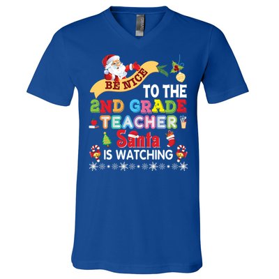 Be Nice To The 2nd Grade Teacher Santa Is Watching Christmas Cute Gift V-Neck T-Shirt