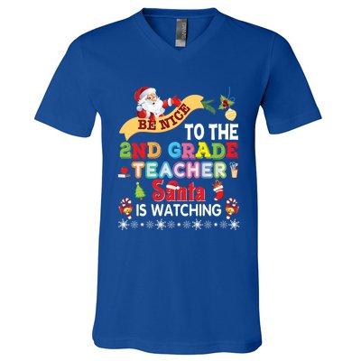 Be Nice To The 2nd Grade Teacher Santa Is Watching Christmas Cool Gift V-Neck T-Shirt