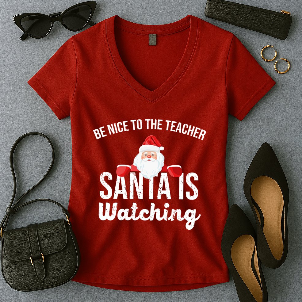 Be Nice To The Teacher Santa Is Watching Women's V-Neck T-Shirt