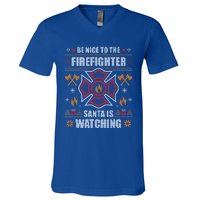 Be Nice To The Firefighter Ugly Christmas Sweater Fire Cute Gift V-Neck T-Shirt