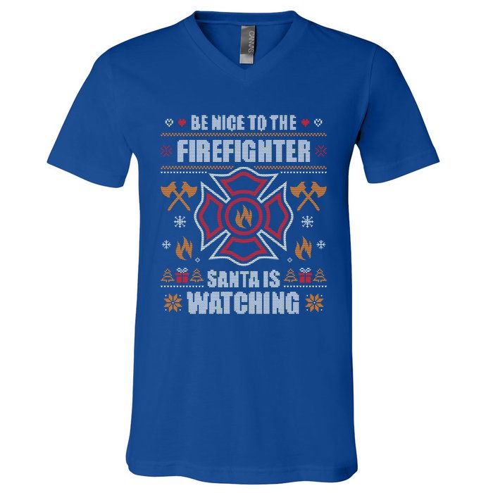 Be Nice To The Firefighter Ugly Christmas Sweater Fire Cute Gift V-Neck T-Shirt