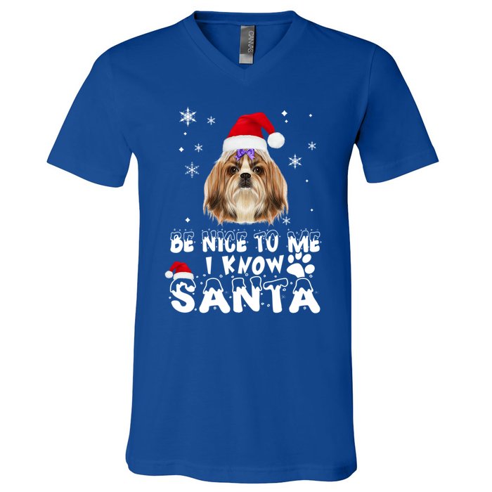 Be Nice To Me I Know Santa Shih Tzu Dog Christmas Xmas Gift V-Neck T-Shirt