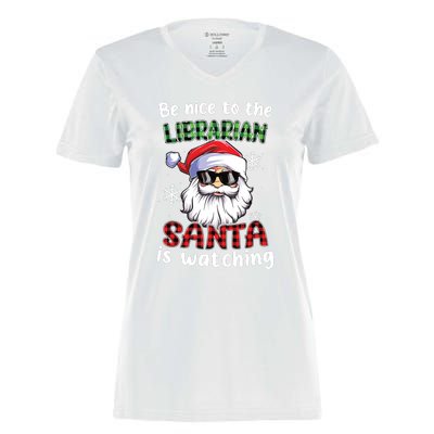 Be Nice To The Librarian Santa Is Watching Christmas Xmas Women's Momentum V-Neck T-Shirt