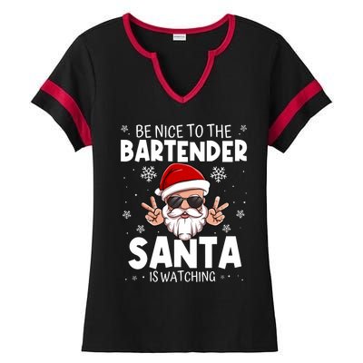 Be Nice To The Bartender Santa Is Watching Funny Christmas Ladies Halftime Notch Neck Tee