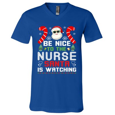 Be Nice To The Nurse Santa Is Watching Funny Christmas Nurse Gift V-Neck T-Shirt