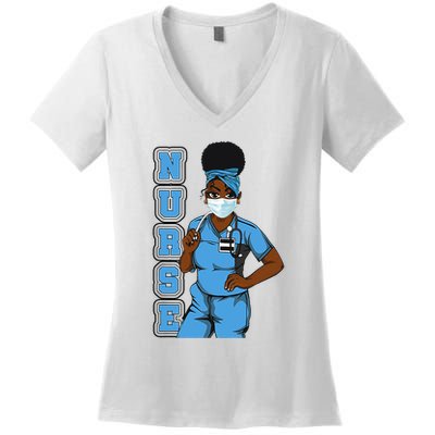 Black Nurse Uniform Face Mask Afro African Women Funny Gift Women's V-Neck T-Shirt