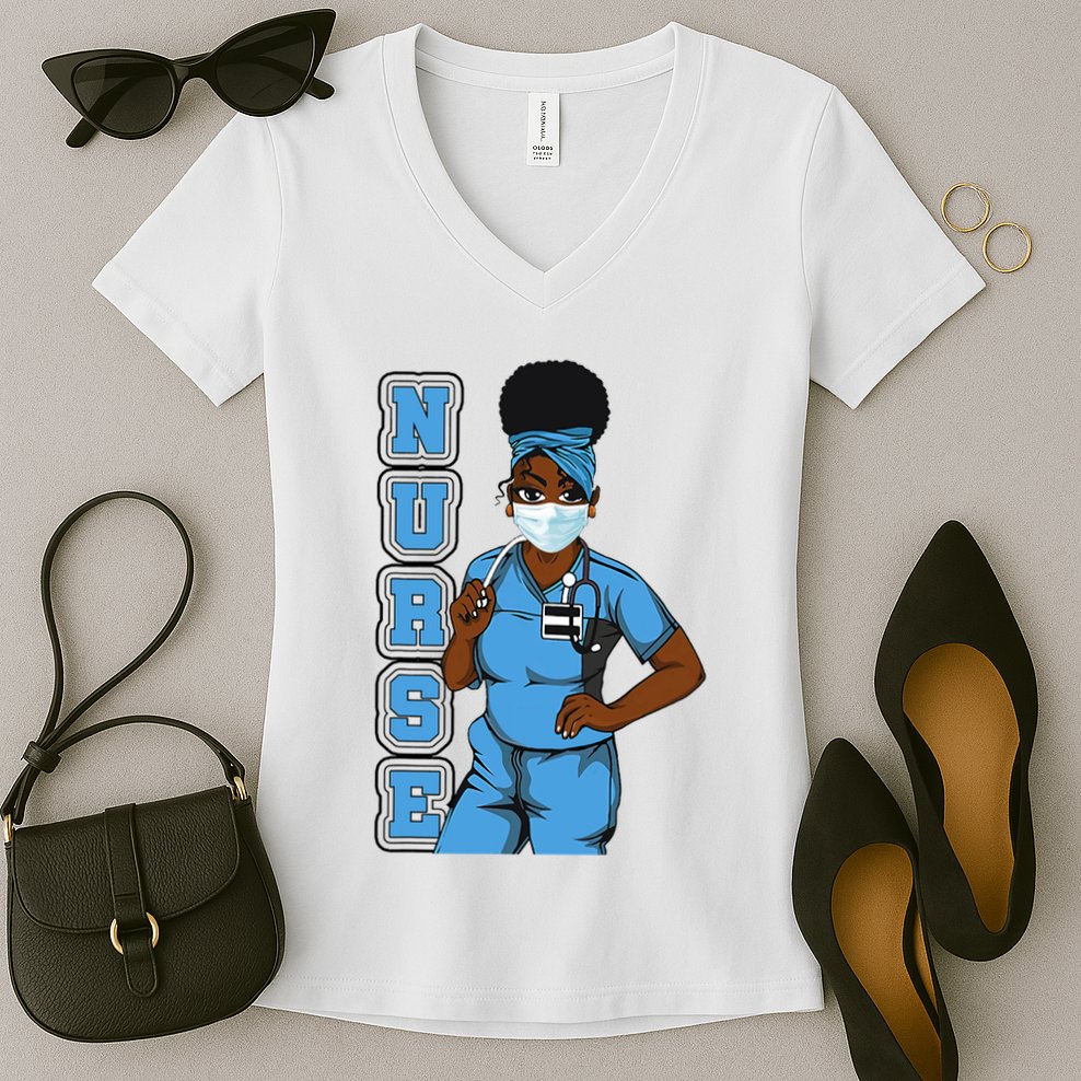 Black Nurse Uniform Face Mask Afro African Women Funny Gift Women's V-Neck T-Shirt