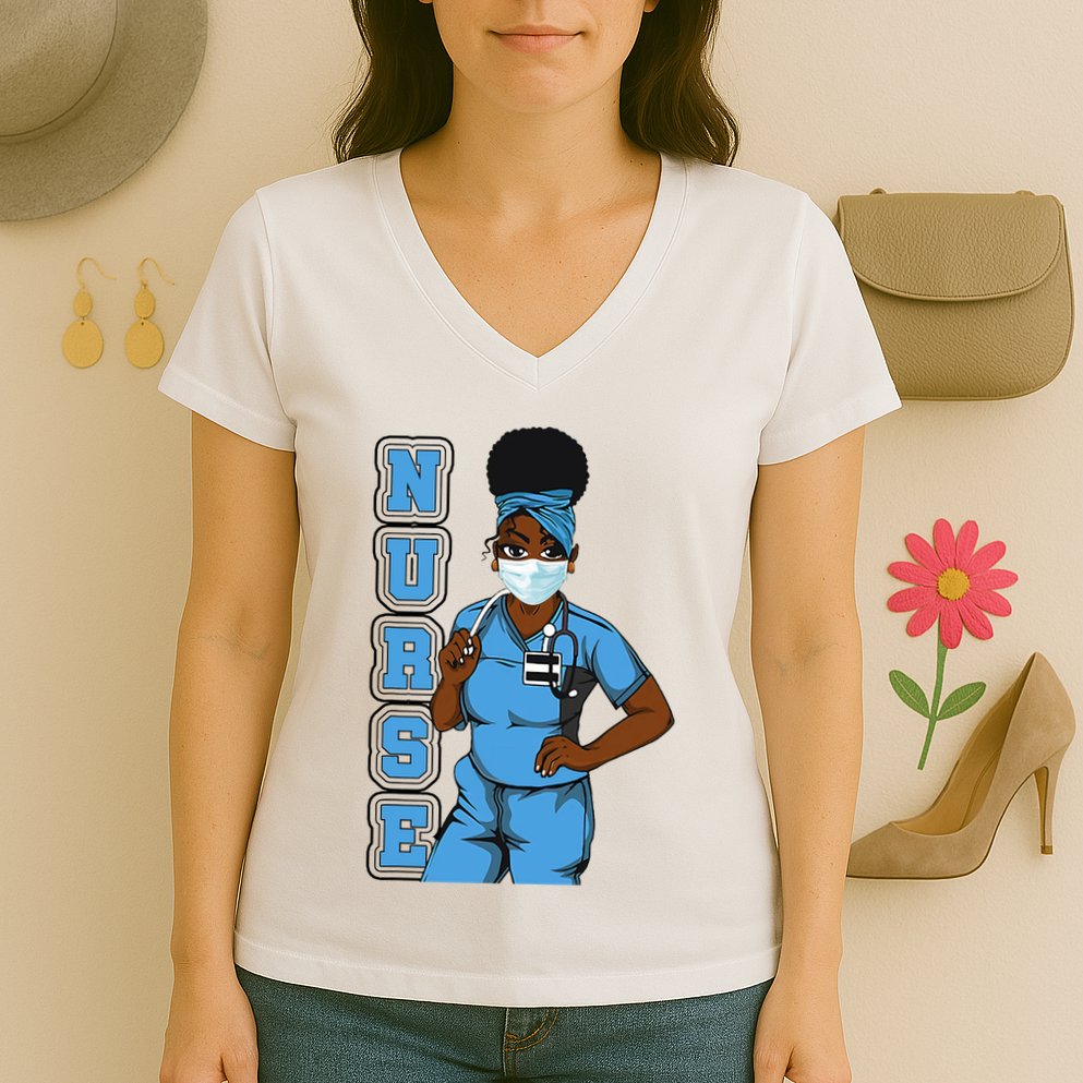 Black Nurse Uniform Face Mask Afro African Women Funny Gift Women's V-Neck T-Shirt