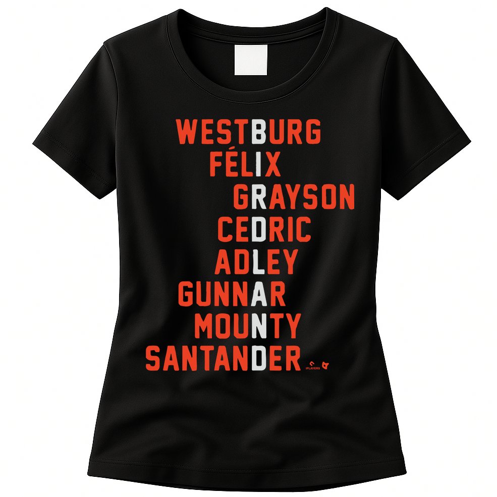 Birdland Names Westburg Felix Grayson Cedric Adley Gunnar Womens T-Shirt