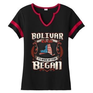 Bolivar New York Usa Flag 4th Of July Funny Gift Ladies Halftime Notch Neck Tee