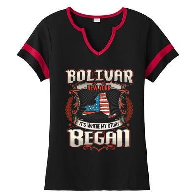 Bolivar New York Usa Flag 4th Of July Funny Gift Ladies Halftime Notch Neck Tee