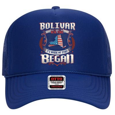 Bolivar New York Usa Flag 4th Of July Funny Gift High Crown Mesh Back Trucker Hat