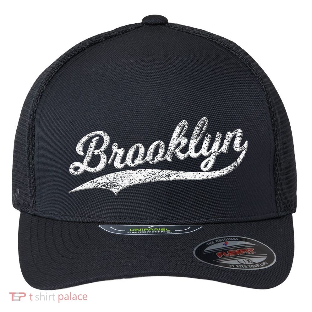 Brooklyn New York Retro Vintage Sports Stripe Flag Swoosh Flexfit Unipanel Trucker Cap