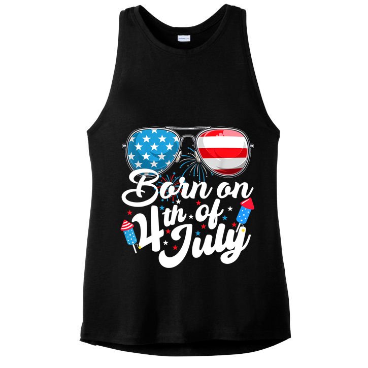Born On 4th Of July Birthday Sunglasses Fireworks Patriotic Ladies PosiCharge Tri-Blend Wicking Tank