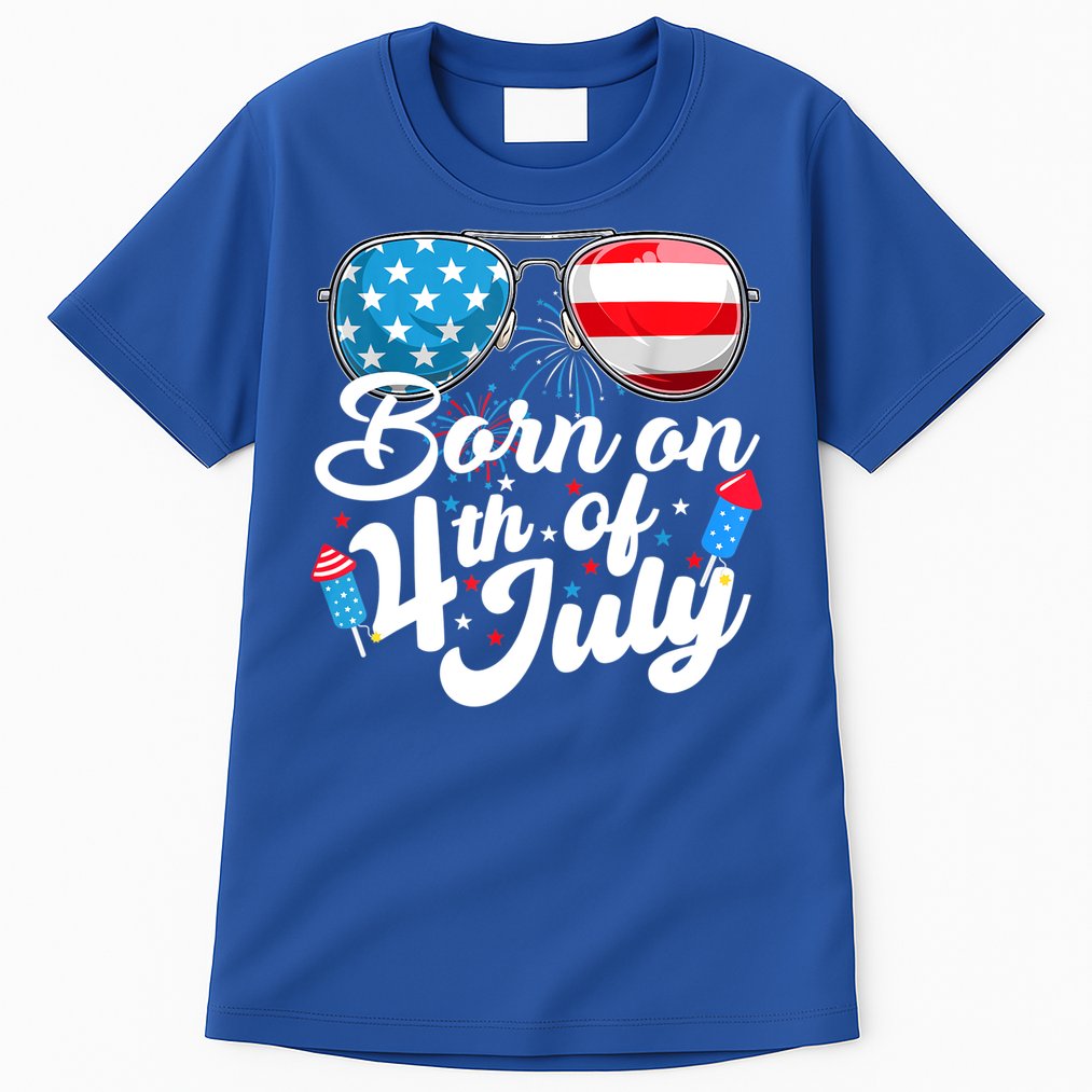 Born On 4th Of July Birthday Sunglasses Fireworks Patriotic Tall T-Shirt