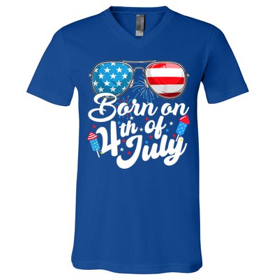 Born On 4th Of July Birthday Sunglasses Fireworks Patriotic V-Neck T-Shirt