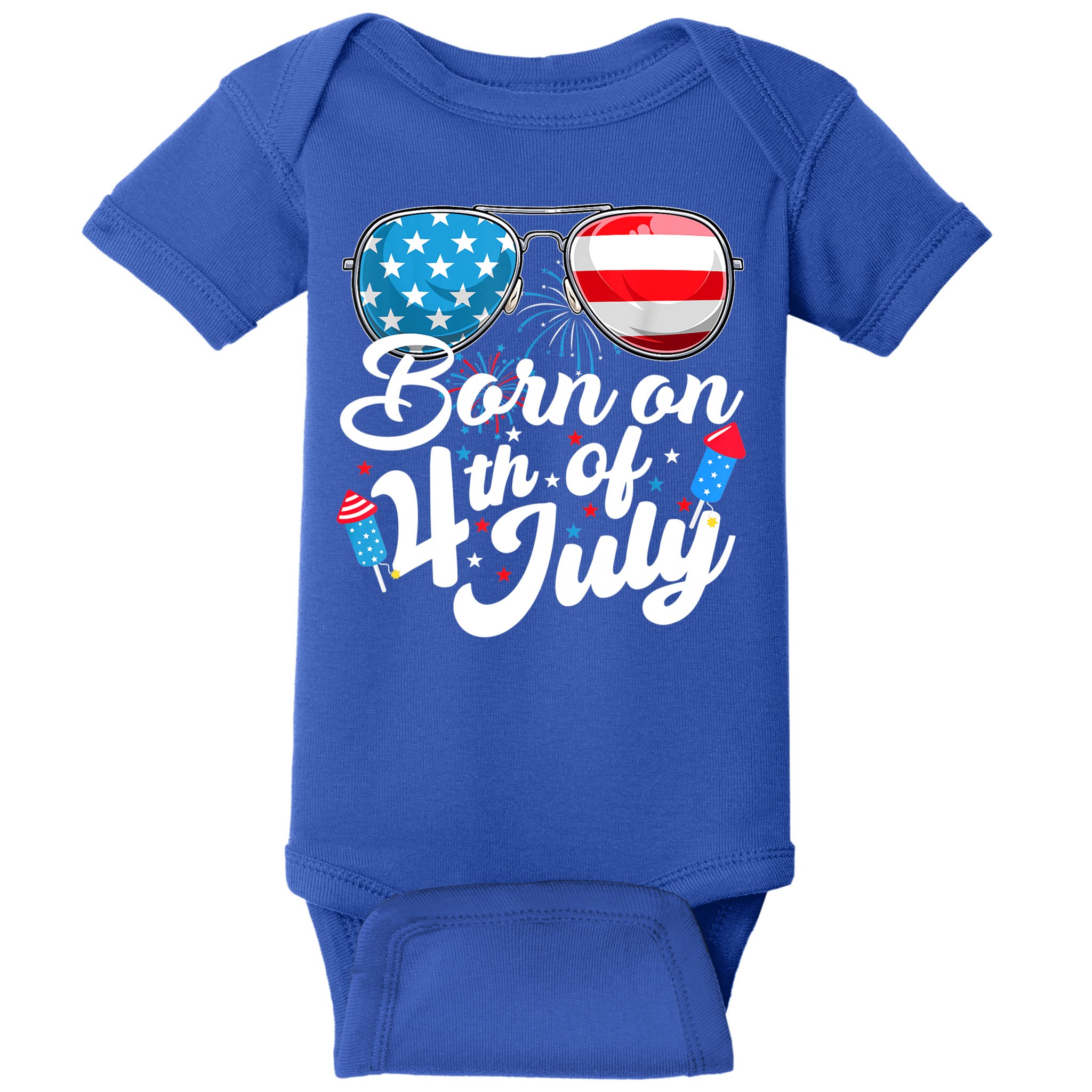 Born On 4th Of July Birthday Sunglasses Fireworks Patriotic Baby Bodysuit