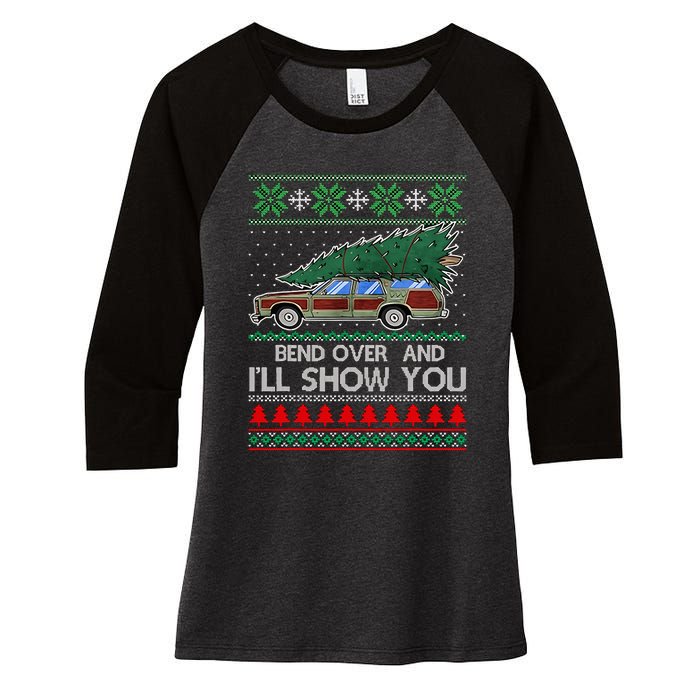 Bend Over and I'll Show You Christmas Couple Matching Family  Women's Tri-Blend 3/4-Sleeve Raglan Shirt