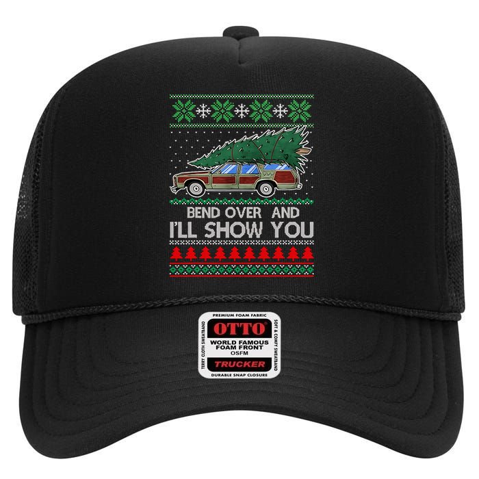 Bend Over and I'll Show You Christmas Couple Matching  High Crown Mesh Back Trucker Hat