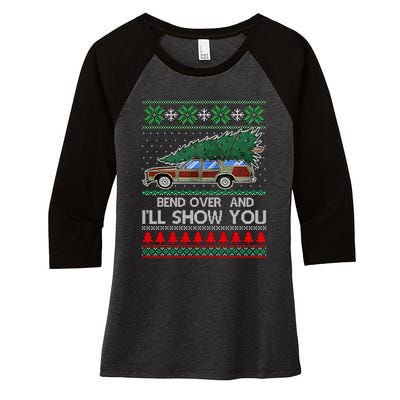 Bend Over and I'll Show You Christmas Couple Matching  Women's Tri-Blend 3/4-Sleeve Raglan Shirt