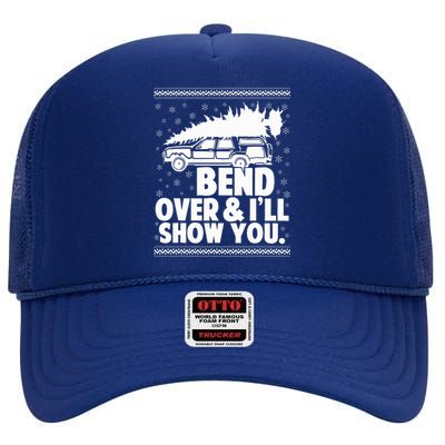 Bend Over And Ill Show You Funny Merry Christmas Tree  High Crown Mesh Back Trucker Hat