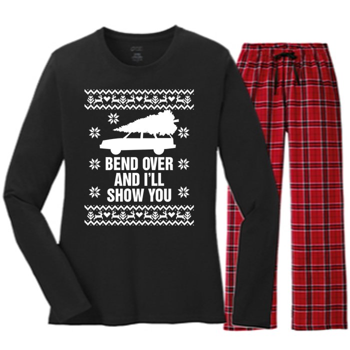 Bend Over And ILl Show You Christmas Couple Matching Family Women's Long Sleeve Flannel Pajama Set 