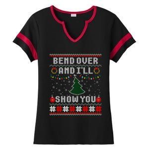 Bend Over And I'll Show You Christmas Tree Ugly Sweater Ladies Halftime Notch Neck Tee