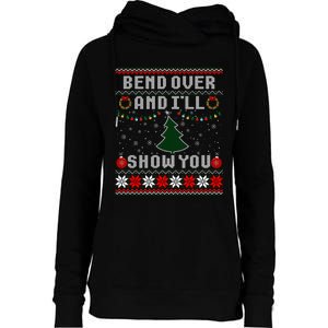 Bend Over And I'll Show You Christmas Tree Ugly Sweater Womens Funnel Neck Pullover Hood