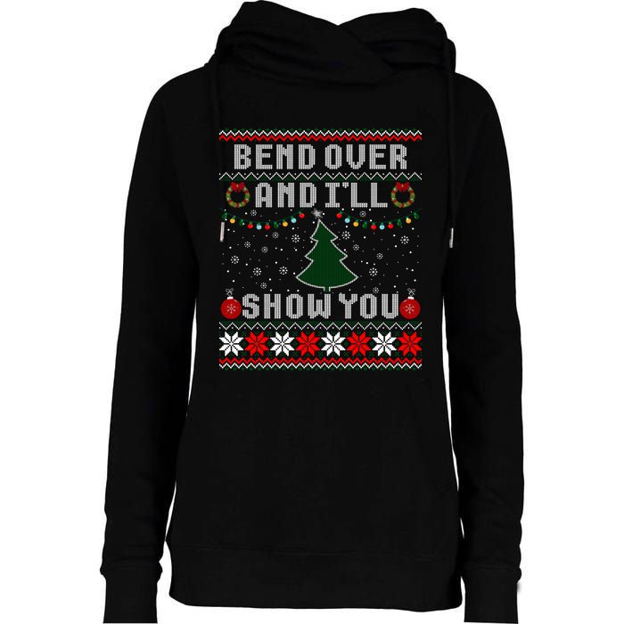 Bend Over And I'll Show You Christmas Tree Ugly Sweater Womens Funnel Neck Pullover Hood