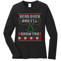 Bend Over And I'll Show You Christmas Tree Ugly Sweater Ladies Long Sleeve Shirt