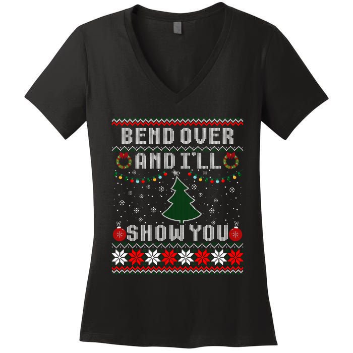 Bend Over And I'll Show You Christmas Tree Ugly Sweater Women's V-Neck T-Shirt