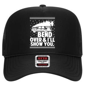 Bend Over And Ill Show You Funny Merry Christmas Tree High Crown Mesh Back Trucker Hat