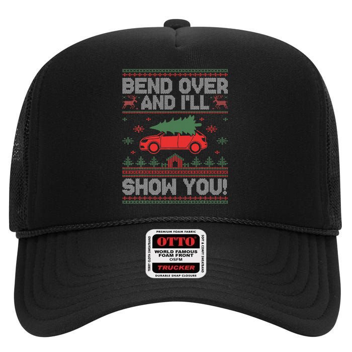 Bend Over And I'll Show You Ugly Christmas Couple Matching High Crown Mesh Back Trucker Hat