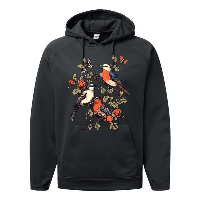 Birds On A Tree Branch Birding Bird Watching Bird Performance Fleece Hoodie