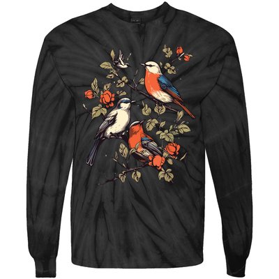 Birds On A Tree Branch Birding Bird Watching Bird Tie-Dye Long Sleeve Shirt