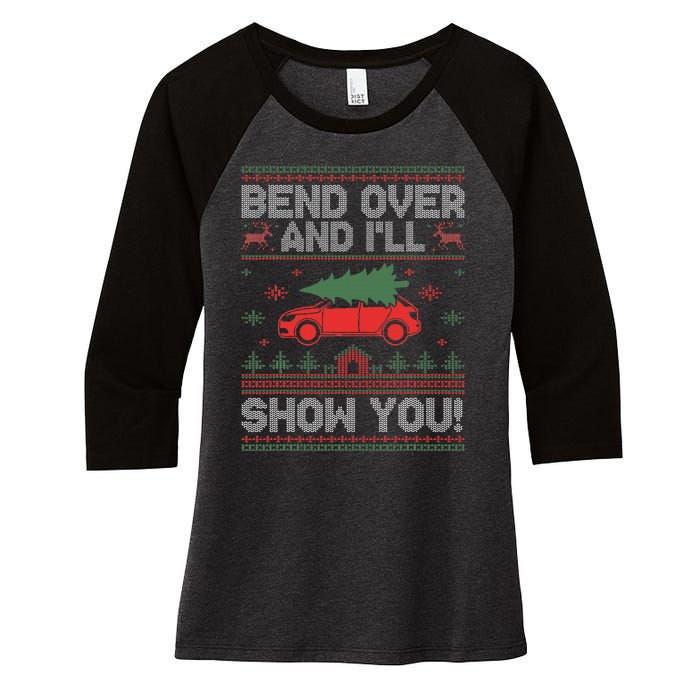 Bend Over And I'll Show You Ugly Christmas Couple Matching  Women's Tri-Blend 3/4-Sleeve Raglan Shirt