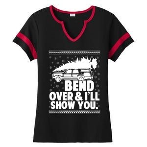 Bend Over And Ill Show You Funny Merry Christmas Tree Ladies Halftime Notch Neck Tee