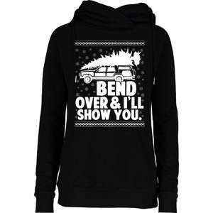 Bend Over And Ill Show You Funny Merry Christmas Tree Womens Funnel Neck Pullover Hood