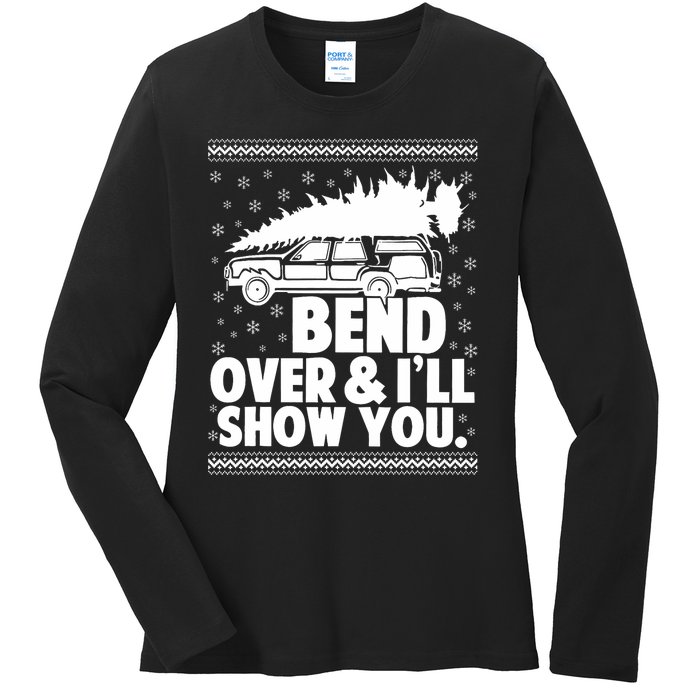 Bend Over And Ill Show You Funny Merry Christmas Tree Ladies Long Sleeve Shirt