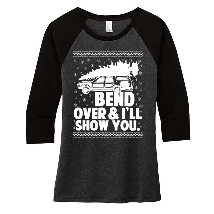 Bend Over And Ill Show You Funny Merry Christmas Tree Women's Tri-Blend 3/4-Sleeve Raglan Shirt